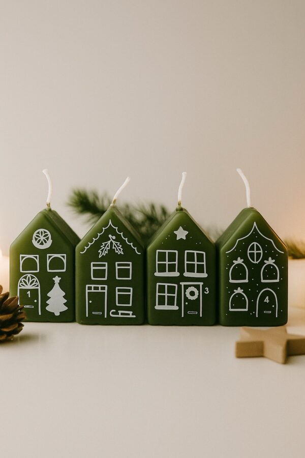 Set van vier rode advent kerstkaarsjes in de vorm van huisjes, gepresenteerd in Scandinavische stijl met natuurlijke kerstdecoratie.