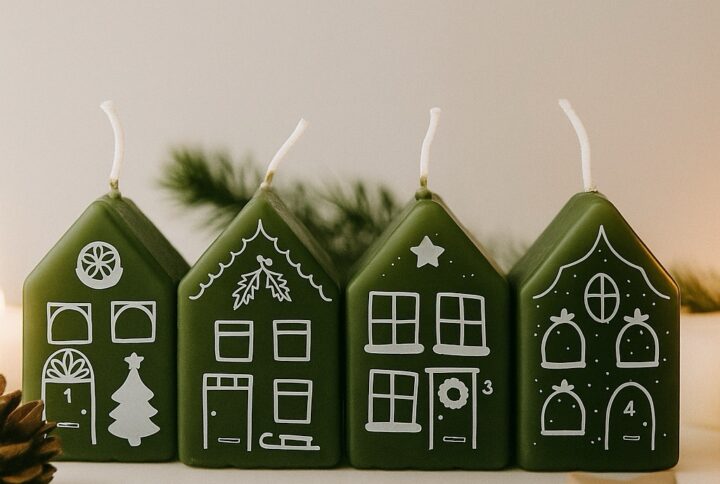 Set van vier rode advent kerstkaarsjes in de vorm van huisjes, gepresenteerd in Scandinavische stijl met natuurlijke kerstdecoratie.